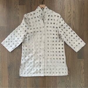 Connie Roberson Sheer Checked Tunic Length Linen Blouse in Tan XL